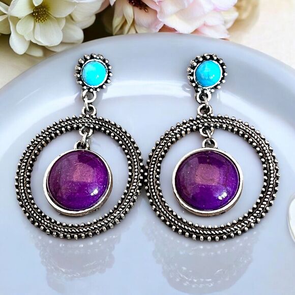 Designer Statement Earrings Semi Precious Purple Stone Premier Fashion Chic 12N - Picture 1 of 4